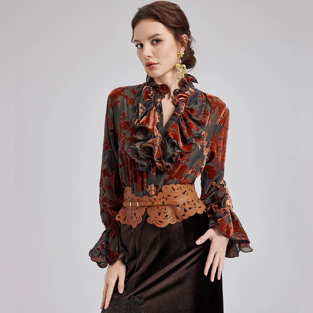 Rich Radi Q’S Glittery Silk Burnout Velvet Blouse